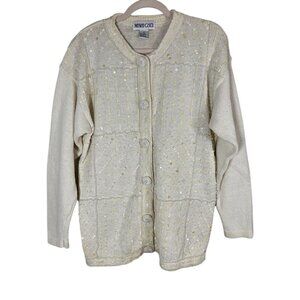 Retro Sequin Beaded Knit Sweater L Cream Neutral Grandma Classic Chic Glam Pearl